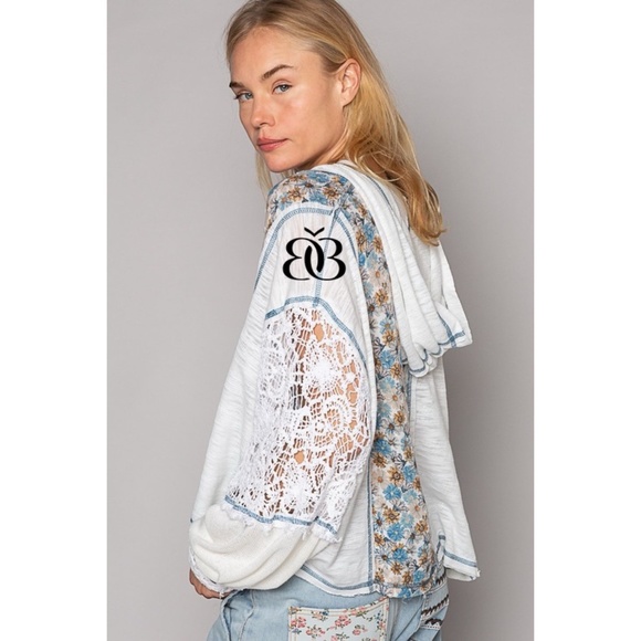 POL Ivory & Blue Floral Panel Lace Detail Half Button Hoodie Oversized - Picture 5 of 9